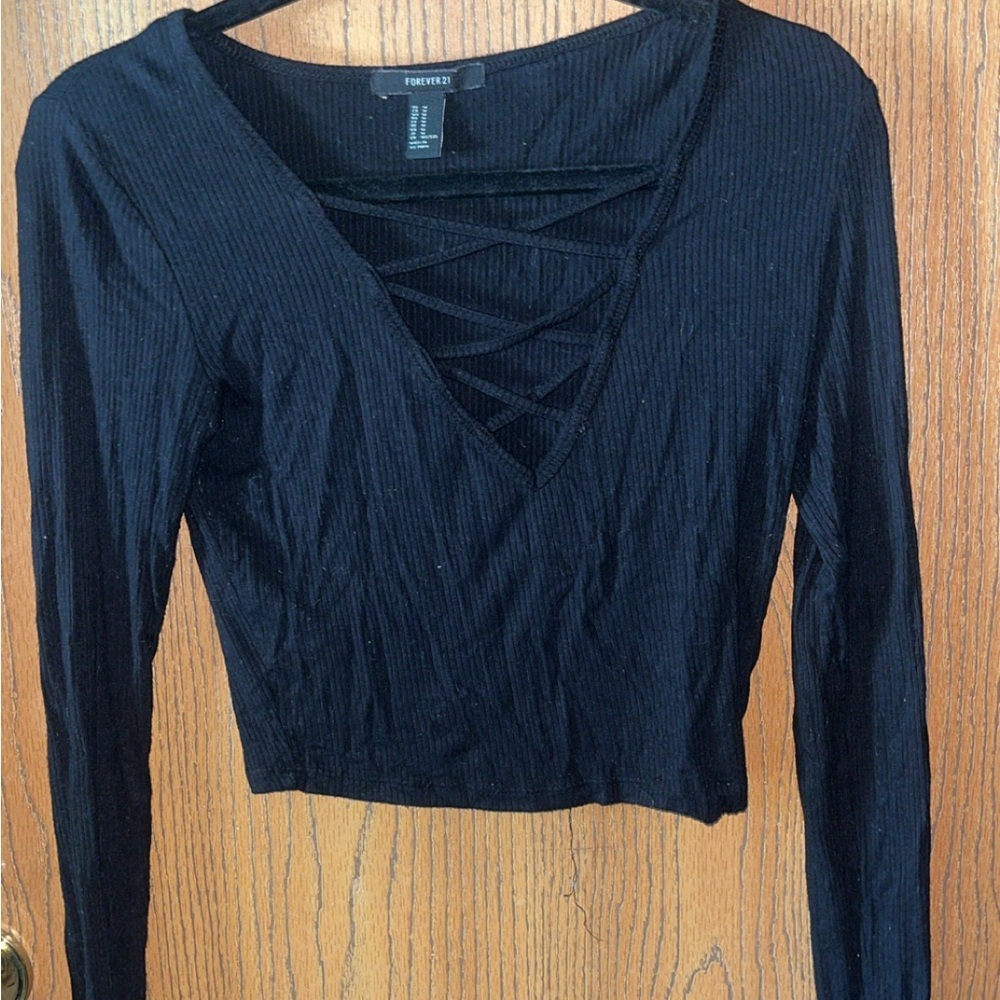 Forever 21 Black Crop Blouse with Cut Out Design